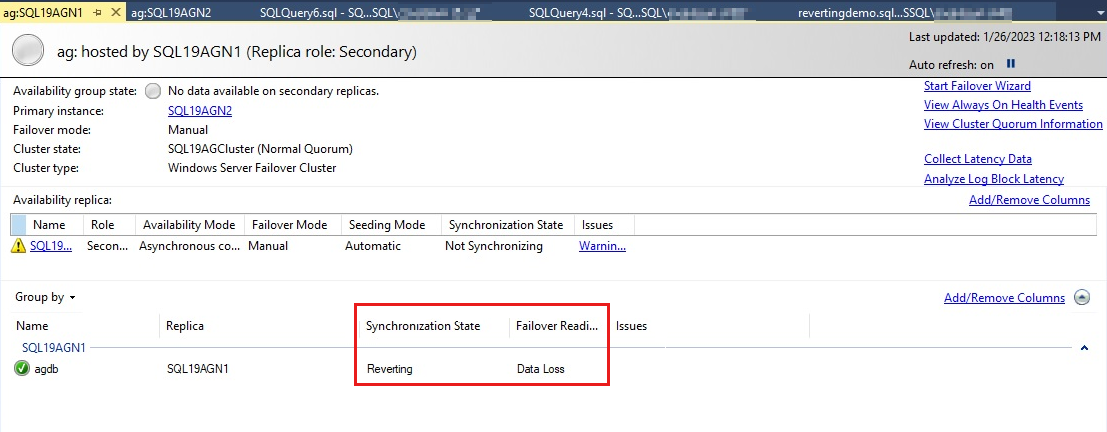 Screenshot of Always On dashboard reporting Reverting on the secondary.